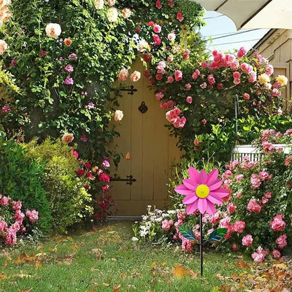 Metal Sunflower Wind Spinner,45 in Double Layer Sun Flower Windmill with Green Leaves and Stake,360° Rotating Sunflower Decor Wind Pinwheel Sculpture for Garden Yard Patio Lawn Decor (Pink)