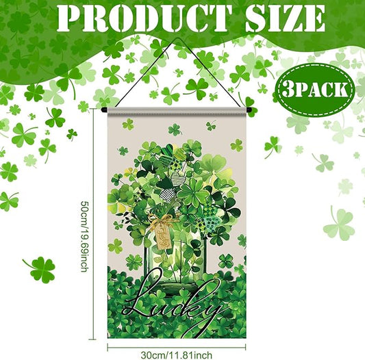 Tegeme 3 Pcs Happy St. Patrick's Day Banner Door Decoration St. Patricks Day Hanger Door Sign Green Shamrock Hanging Flag Ornaments for Irish Party Holiday Outdoor Indoor Home