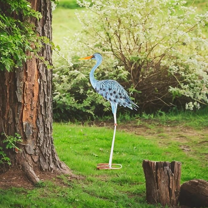 Blue Egret Statue Garden Decoration Collectibles Bird Figurine Metal Yard Art Animal Sculpture for Porch Outside Farmhouse