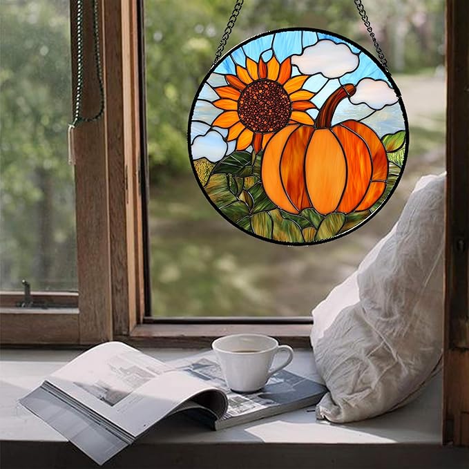 DASTOLL Stained Glass Window Hanging Fall Farm Scenery Sunflower Pumpkin Large 15" - Suncatcher Door Garden Kitchen Sunroom Sun Catcher Home Decor Birthday for Mom Grandma Men Woman