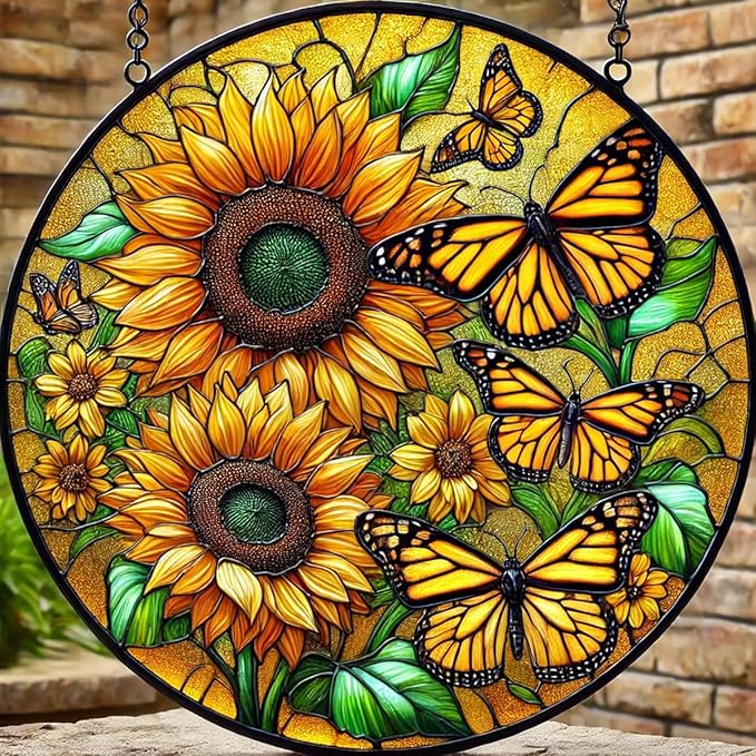 Sunflower Stained Glass Window Hanging,7.87 Inch Sun Catcher Indoor Window Decor with Butterfly,Ornament for Home,Garden,New Home,Christmas,Mother’s Day Outdoor Gift for Mom,Festival Gift