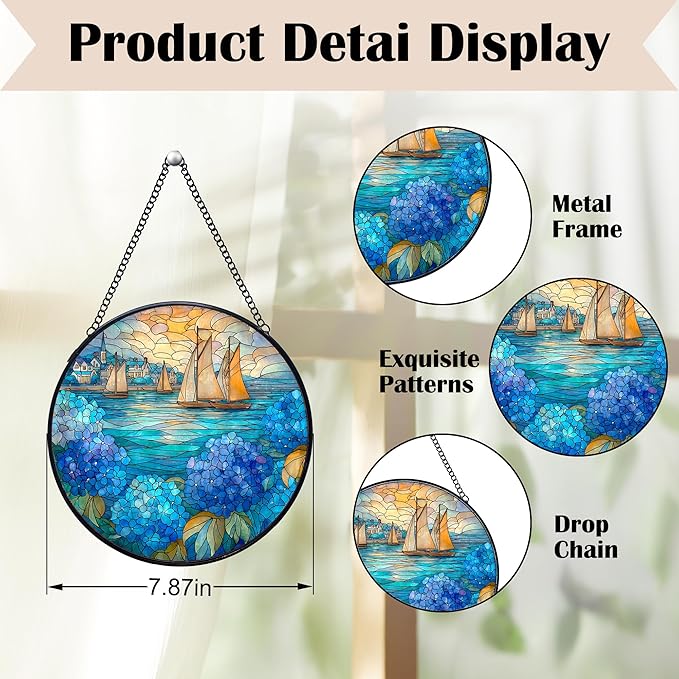 Coastal Sailboat Hydrangea Flower Stained Glass Window Hanging Suncatchers, Ocean Beach Sun Catchers Indoor Window Glass Wall Art Decor, Nautical Wall Hanging Decorations Sculptures, 7.9x7.9in