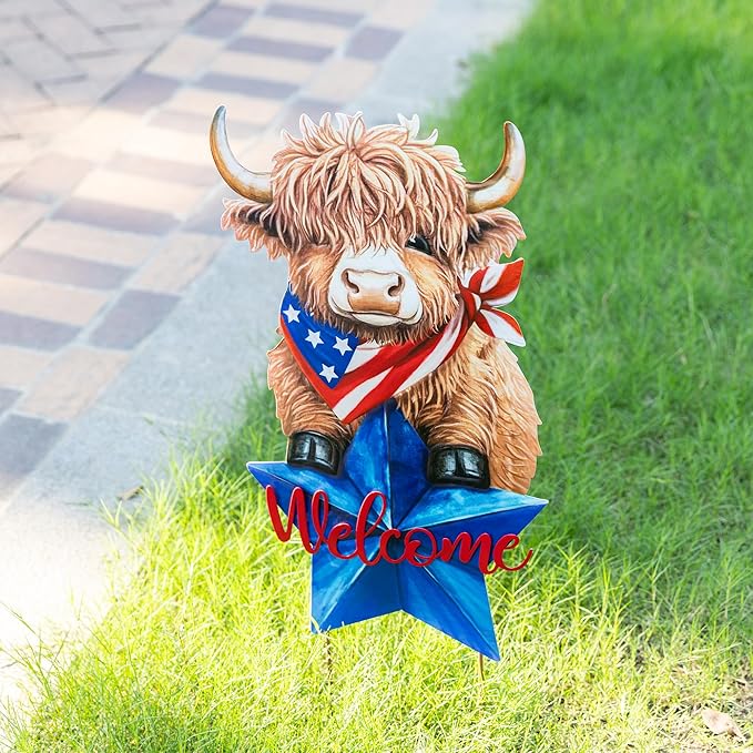 Glitzhome 4th of July Highland Cow Outdoor Decor, 30"H Patriotic Highland Cow Welcome Garden Stake or Wall Decor,Metal Calf Lovers Yard Signs for Independence Day Memorial Day Lawn Garden Decorations
