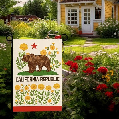 California Bear Flag Garden Flag with California Poppy Golden State Patriotic Republic Home Welcome Flags Front Porch Patio Decor Seasonal Flower CA Heavy Duty House Banner 12x18 Inch