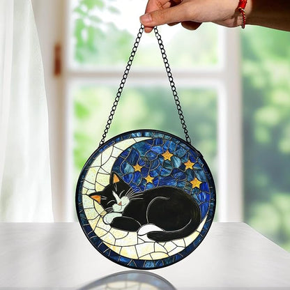 Black Cat Moon Stained Glass Window Hanging, Celestial Black Cat Sun Catchers Indoor Window Round Glass Wall Art Decor, Moon and Stars Suncatcher Wall Hanging Decorations, Lawn Care