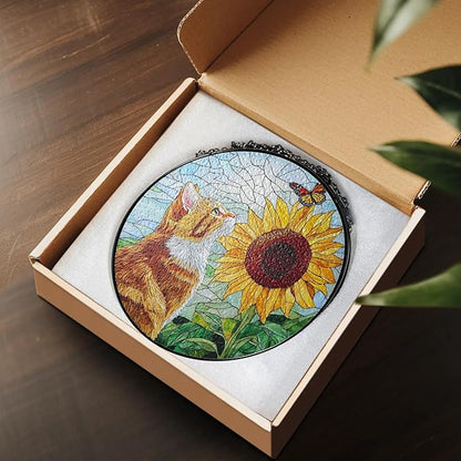Orange Cat Stained Glass Suncatcher Orange Cat Lovers Gifts Window Hanging Garden Decor, Sunflower Memorial Pet Loss Sympathy Gift Christmas Birthday for Grandma, Friends, Mom, Women