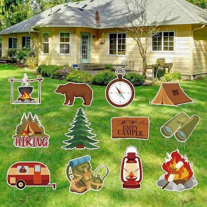 Amyhill 12 Pcs Spring Camping Yard Signs Decoration Happy Camper Decorations for Outdoor with Stakes Waterproof Decor Adventure for Summer Festive Holiday Party Patio Lawn Walkway Decorations