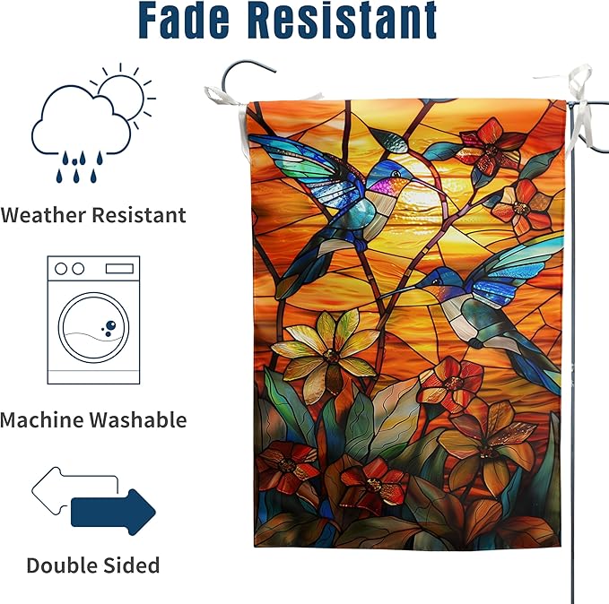 Stained Glass Hummingbird Garden Flag Spring Summer House Flag Fall Floral Decorative Yard Flags for Outside 28x40 Double Sided Large Seasonal Lawn Flags Rustic Outdoor Decor
