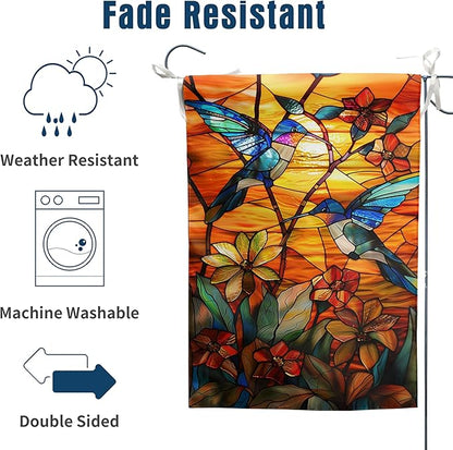 Stained Glass Hummingbird Garden Flag Spring Summer House Flag Fall Floral Decorative Yard Flags for Outside 28x40 Double Sided Large Seasonal Lawn Flags Rustic Outdoor Decor