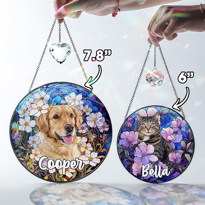 Personalized Pet Stained Glass Suncatcher Custom Name Pet Photo Ornament Window Hanging Holiday Home Decor Sympathy Gift for Loss of Dog Cat Memorial Keepsake Remembrance Gift for Dog Lovers