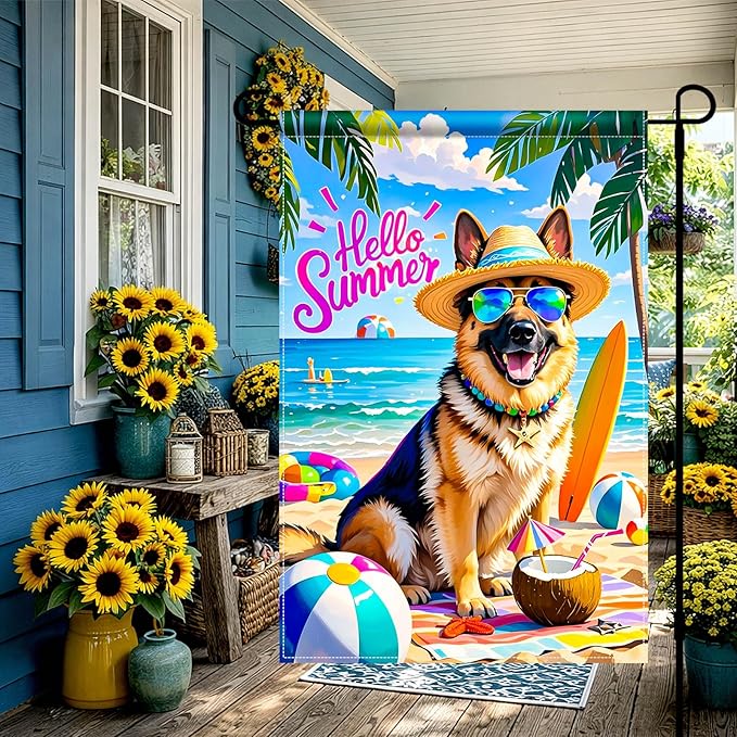 HOMETITUTE Hello Summer Beach Garden Flag German Shepherd Dog Tropical Beach Flag 12x18 Inch Double Sided Yard Small Summer Flag For Outside Holiday Seasonal Outdoor