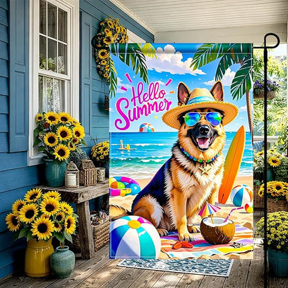 HOMETITUTE Hello Summer Beach Garden Flag German Shepherd Dog Tropical Beach Flag 12x18 Inch Double Sided Yard Small Summer Flag For Outside Holiday Seasonal Outdoor
