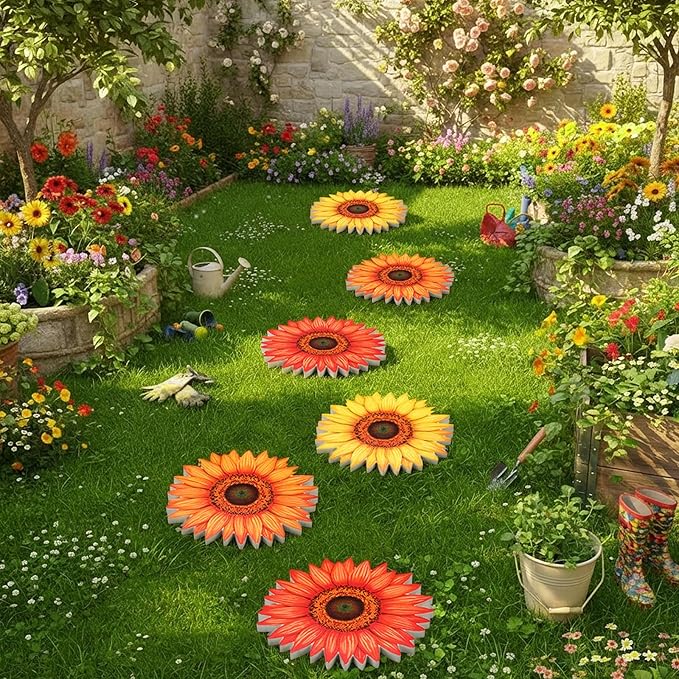 Fiwochic 3 Pack Sunflower Stepping Stones for Garden 9.8 Inch Wooden Dimensional Outdoor Decorative Pavers Stones for Patio Walkway Yard Art Decor, 3 Colorful Color