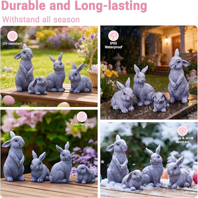 Nacome Bunny Statues for Outdoor Easter Decor: Outside Set of 4 Rabbit Fairy Garden Sculptures for Lawn Porch Patio Balcony Yard Ornaments - Gifts for Mom Grandma