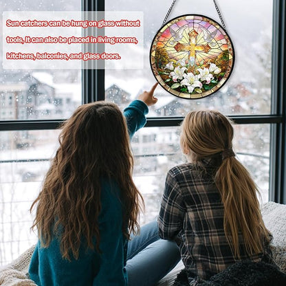 Cross Stained Glass Window Hanging, Flower Suncatcher Diamond Glass Panel Hangings, Sun Catchers Indoor Windows Wall Art Decor, Pastor Christian Gift, for Home Office 7.87 inches