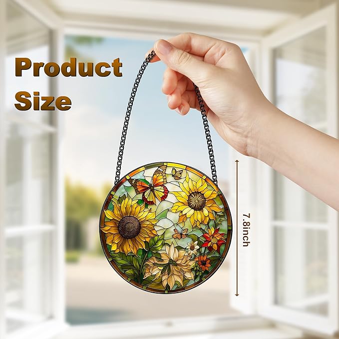 Stained Glass Window Hanging, Sunflower Sun Catchers Glass Panel Yellow Suncatcher Decor for Birthday, Women, Men, Wife, Aunt, Lovers, Home Garden 7.8 in