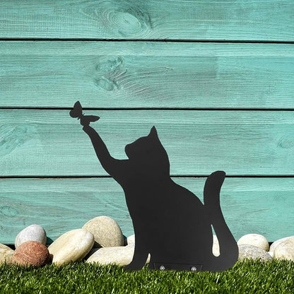 Yardwe Metal Cat Garden Statue Outdoor Animal Decoration 14.56X9.44In Black Cat Ornament for Patio Lawn Backyard
