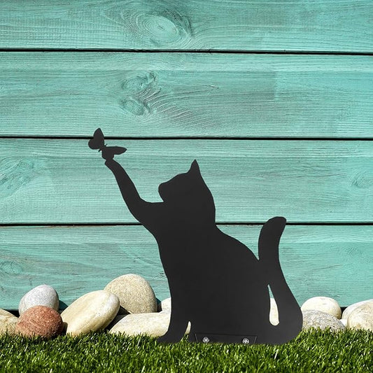 Yardwe Metal Cat Garden Statue Outdoor Animal Decoration 14.56X9.44In Black Cat Ornament for Patio Lawn Backyard