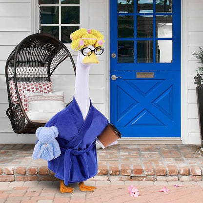 Lady Porch Goose Outfits,Bathrobe Porch Goose Statue Costume with Curlers Reading Glasses Coffee Cup Towel,Cute Goose Clothes for 23-Inch Cement or Plastic Statue,Lawn Yard Garden Patio Decor(Purple)