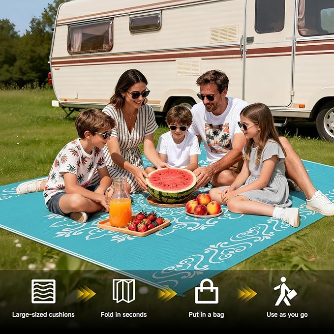 Pauwer Waterproof Outdoor Rug 5x8, Reversible Plastic Straw Patio Camping Rug, Indoor Outdoor RV Mat Carpet for Deck, Camper, Porch, Balcony, Backyard, Picnic, Floral Teal