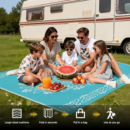 Pauwer Waterproof Outdoor Rug 5x8, Reversible Plastic Straw Patio Camping Rug, Indoor Outdoor RV Mat Carpet for Deck, Camper, Porch, Balcony, Backyard, Picnic, Floral Teal