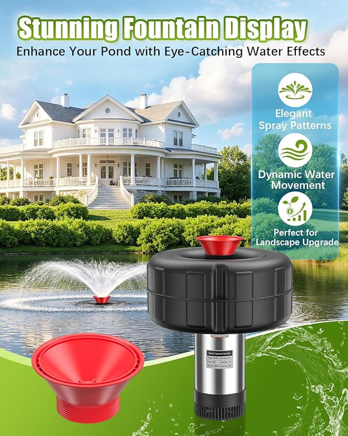 Pond Fountain Pump for Outdoor Pond – 1HP 750W 15000 GPH Submersible, 360° Circulation & Oxygenation, Dual Spray, Garden, Backyard, Fish Pond, Irrigation