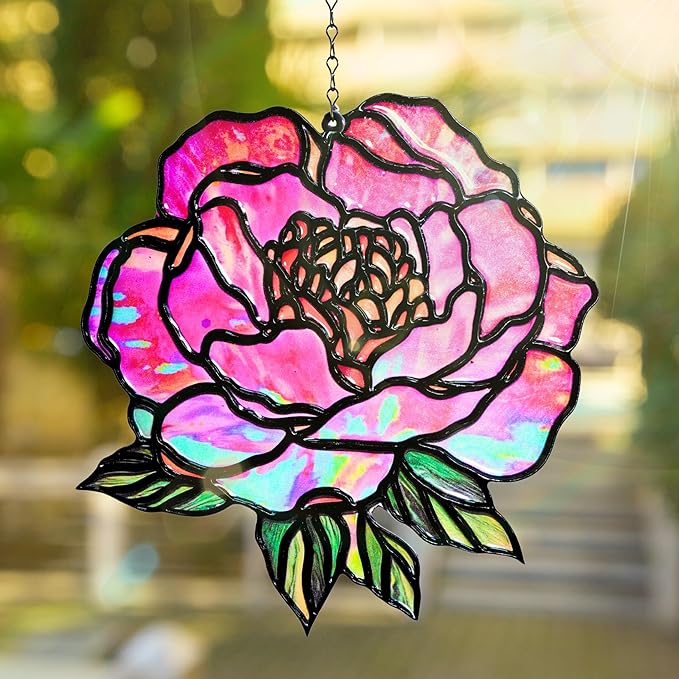 Peony Flower Handmade Resin Suncatchers, Artisan Sun Catcher, Stained Glass Effect, Flower Suncatchers for Window Hanging, Garden Decor, Gift for Mother's Day Mom Women Grandma Wife
