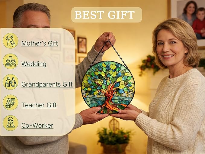 Stained Glass Window Hangings, Tree of Life with Hummingbird Suncatchers for Window, Treasured Gift for Mom, Grandma, Family and Friends (Green, 6.7x6.7 in)