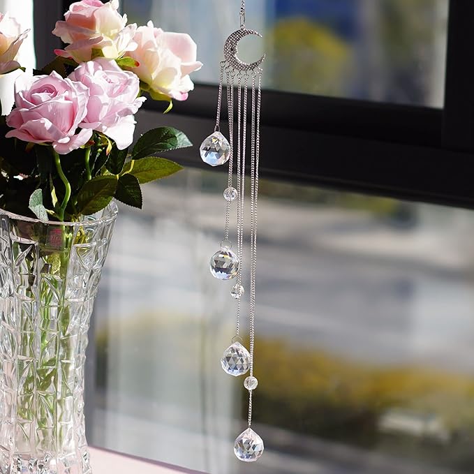 20.5inch Hanging Clear Crystal Suncatcher Ornaments with Moon Decor Rainbow Maker Crystal Beads Ball Prisms Ornament for Christmas Tree