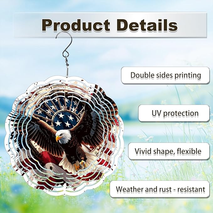 Eagle American Flag Wind Spinner Outdoor, USA 250th Anniversary Wind Chime, 8 Inch 3D Metal Garden Wind Spinner, Stainless Steel Patriotic Yard Hanging Decor Gift