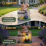 Garden Squirrel Welcome Sign with Solar Lantern, Decorative Outdoor Statue for Porch, Patio or Garden with Butterfly and Sunflowers