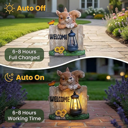 Garden Squirrel Welcome Sign with Solar Lantern, Decorative Outdoor Statue for Porch, Patio or Garden with Butterfly and Sunflowers