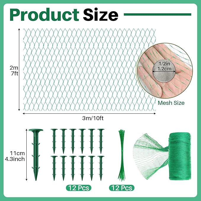 Koi Pond Netting Kit 7 x 10ft, Bird Deer Fence Netting, Durable Net Cover for Leaves, Heavy Duty Fine Mesh, Protect Fish from Birds, Cats & Predators, 12pcs Stakes & Ties Included(Green)