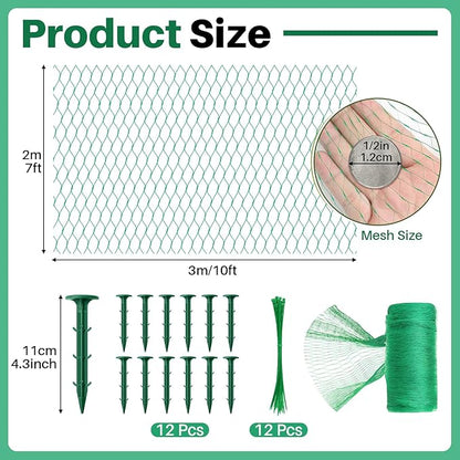 Koi Pond Netting Kit 7 x 10ft, Bird Deer Fence Netting, Durable Net Cover for Leaves, Heavy Duty Fine Mesh, Protect Fish from Birds, Cats & Predators, 12pcs Stakes & Ties Included(Green)