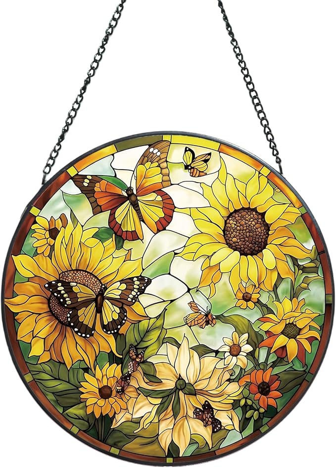 Suncatcher Stained Glass Window Hanging - Sunflower Glass Panel with Metal Chain and Hooks Handmade Sun Catcher Decoration for Window Garden Home Christmas & Birthday Gifts (6.3 Inch)