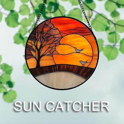 Stained Glass Window Hanging Orange Sunset Landscape Large 15" - Maple Suncatcher Door Garden Sun Catcher Home Decor Birthday Christmas for Mom Men Woman Wife Friend