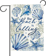 Dyrenson Spring Summer The Beach is Calling Decorative Garden Flag, Coastal Conch Starfish Coral Pearl Yard Outside Home Decorations, Nautical Seasonal Burlap Outdoor Small Decor Double Sided 12 x 18