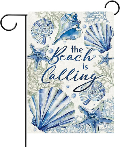 Dyrenson Spring Summer The Beach is Calling Decorative Garden Flag, Coastal Conch Starfish Coral Pearl Yard Outside Home Decorations, Nautical Seasonal Burlap Outdoor Small Decor Double Sided 12 x 18