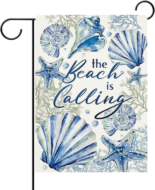 Dyrenson Spring Summer The Beach is Calling Decorative Garden Flag, Coastal Conch Starfish Coral Pearl Yard Outside Home Decorations, Nautical Seasonal Burlap Outdoor Small Decor Double Sided 12 x 18