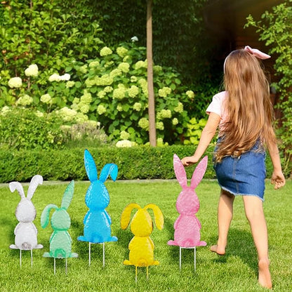 Joliyoou Easter Yard Signs, Set of 5 Metal Easter Bunny Stakes, Assorted Colorful Standing Rabbits Stake for Front Door Spring Lawn Garden Holiday Outdoor Decorations