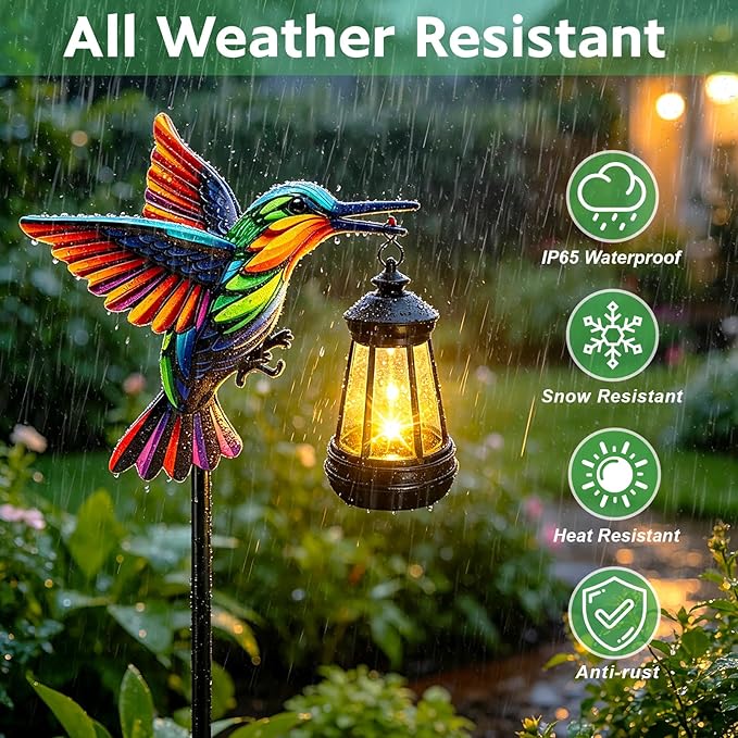 2 Pack Solar Garden Statue Figurine with Solar Lanterns Outdoor Waterproof, Hummingbird Hanging Solar light, Solar Path Lights Yard Art, Outside Patio Garden Decor Gardening Gift for Mom Grandma Women