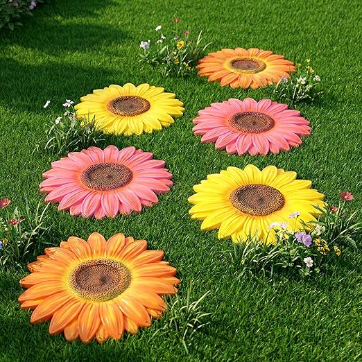 Landical 6 Pack Decorative Stepping Stones for Garden 10 Inch Cement Flower Stepping Stones Decoration for Patio Walkway Yard Outdoor(Sunflower)