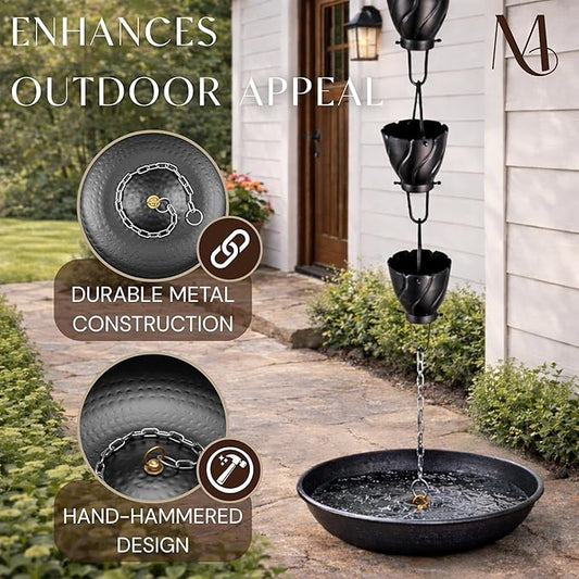 Monarch Rain Chains Rain Chain Basin – 12 Inch Hand Hammered Anchor Bowl for Gutters, Matte Black Decorative Anchoring Basin for Outside, Garden, Lawn & Patio Water Feature, Downspout Catcher Basins