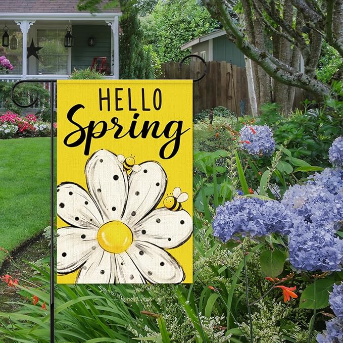 Hello Spring Garden Flags for Outside,Bee Daisy Spring Garden Flag Yard Lawn Porch Flags for Outdoor Decorations 12x18 Inch Double Sided