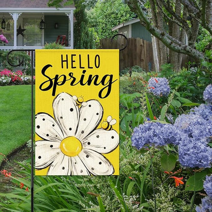 Hello Spring Garden Flags for Outside,Bee Daisy Spring Garden Flag Yard Lawn Porch Flags for Outdoor Decorations 12x18 Inch Double Sided