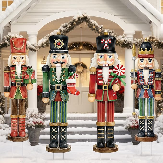 Geetery 4 Pcs Large Nutcracker Yard Sign with 16 Stakes 32 Inch Christmas Yard Decorations Outdoor Holiday Nutcracker Xmas Outside Lawn Decor for Garden Pathway Party(Red, Green,Novel)