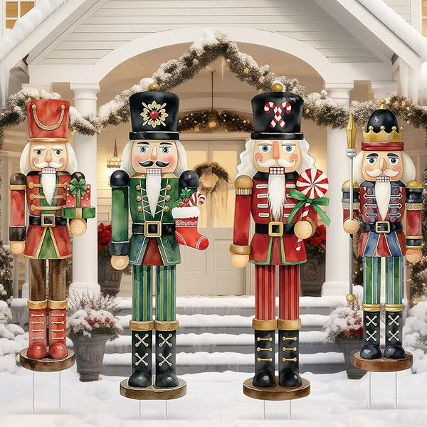 Geetery 4 Pcs Large Nutcracker Yard Sign with 16 Stakes 32 Inch Christmas Yard Decorations Outdoor Holiday Nutcracker Xmas Outside Lawn Decor for Garden Pathway Party(Red, Green,Novel)