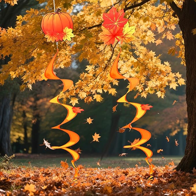NOVWANG 2 Piece Fall Wind Spinners, Autumn Thanksgiving Hanging Flag Windsock Fall Orange Outdoor Decorations for Home Garden Yard Patio Decor