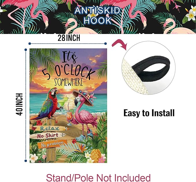 Baccessor Summer House Flag 28 x 40 Inch, Flamingo Its 5 O'Clock SOMEWHERE Double Sided Burlap Welcome Large Yard Flag Seasonal Holiday Lawn Proch Outdoor Outside Decor