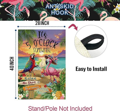 Baccessor Summer House Flag 28 x 40 Inch, Flamingo Its 5 O'Clock SOMEWHERE Double Sided Burlap Welcome Large Yard Flag Seasonal Holiday Lawn Proch Outdoor Outside Decor